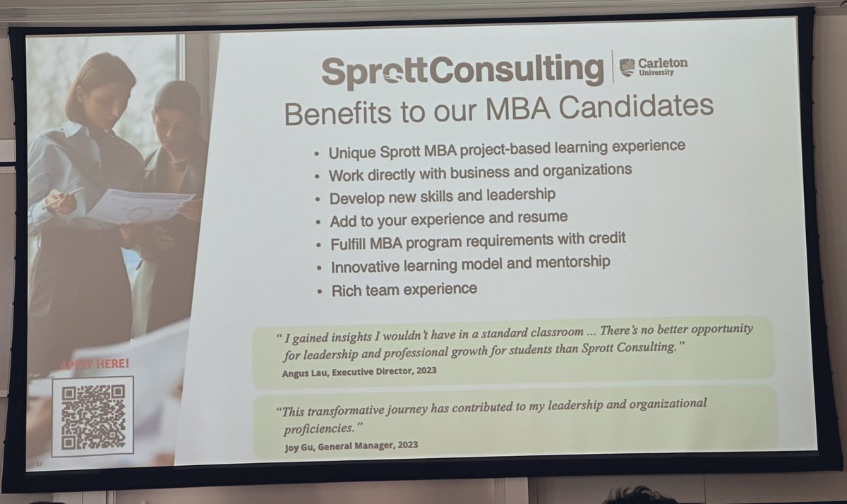 Sprott Consulting offers students from <a href="/SprottSchool/">Sprott School of Business at Carleton University</a>’s MBA, PMBA, MAcc, MFin, <a href="/timprogram/">TIM</a>, and undergraduate degree programs the opportunity to solve real problems for real businesses. Find out more: 

sprott.carleton.ca/current-studen…