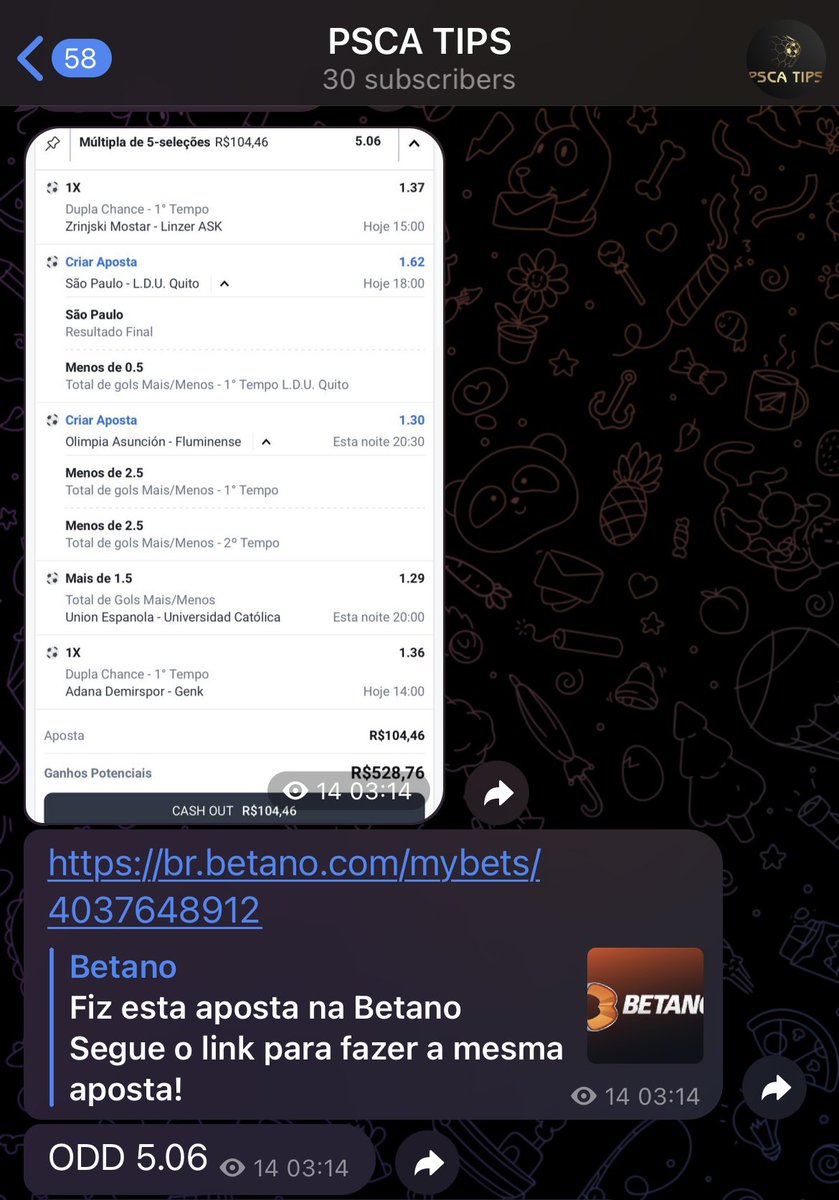 Tip enviada ontem de madrugada, não temos nem 1 semana de telegram e já lucramos 2K+ 
Vem lucrar com a gente rapaziada, TOTALMENTE FREE

Link do telegram: t.me/pscatips