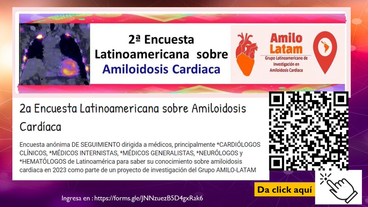 ❤️2a Encuesta Latinoamericana sobre #Amiloidosis Cardiaca  
🥼Para médicos de toda LATAM   
📷Favor de contestar en Link de acceso:  forms.gle/KVDD64GmwxAYg2……
<a href="/Bpunto/">Benilde Garcia</a>
<a href="/JRBneuropsiq/">Jesus Ramirez-Bermudez</a>
<a href="/MedinaRiojaMD/">RMR</a>
<a href="/alex_cal95/">Roberto Alejandro</a>
<a href="/alpamo7/">Alexander</a>
<a href="/neuropuc/">Patricio Sandoval</a>
<a href="/JagomezR_MD/">Jaime A. Gómez Rosero</a>