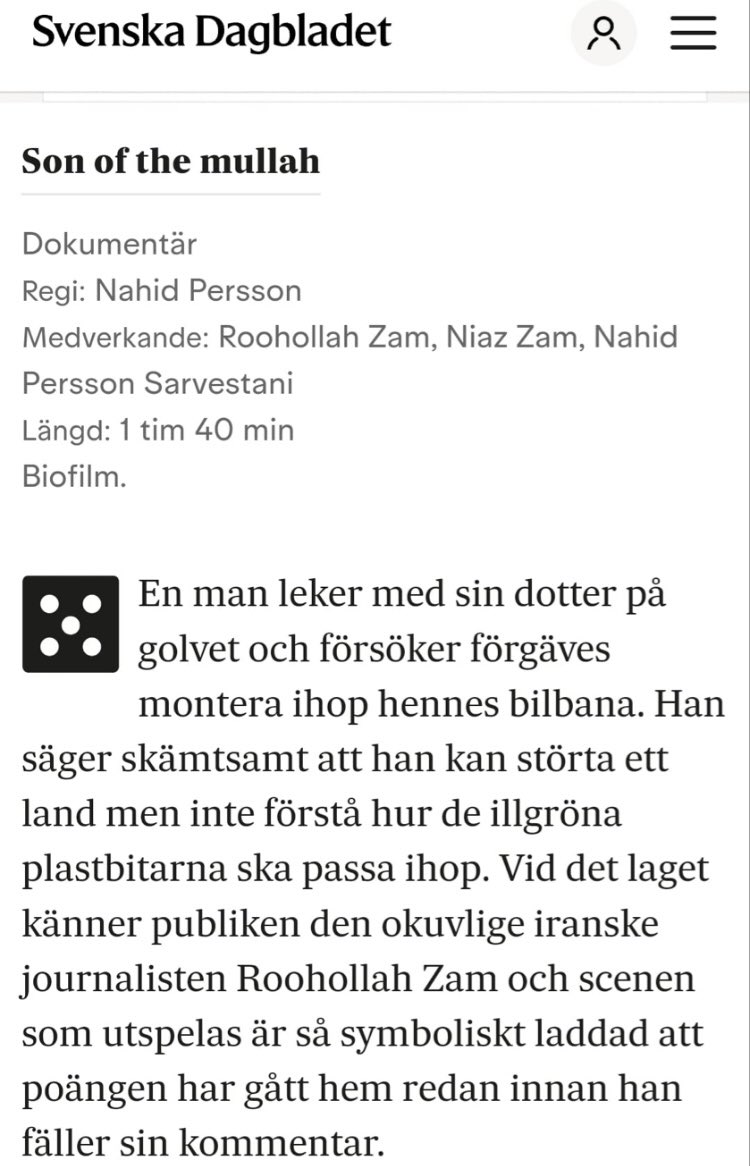 5/6 till SON OF THE MULLAH från <a href="/SvDKultur/">SvD Kultur</a> som har Premiär idag 💫✨ Även utvald som Månadens Dokumentär för September! 
Läs mer och boka biljetter här: zita.se/son-of-the-mul…