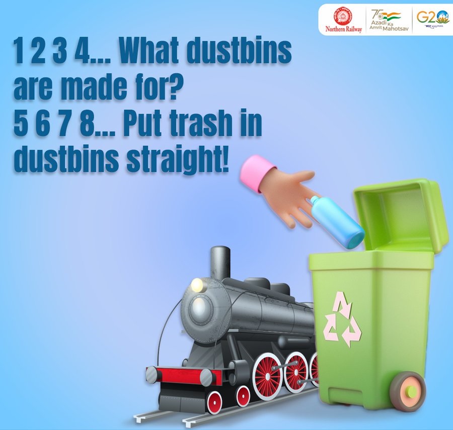 #SwachhBharat, #SwasthBharat!
Learn the new numeric of keeping the trains and station premises clean by disposing of your trash in dustbins and not throwing them here and there.
#SwachhRail