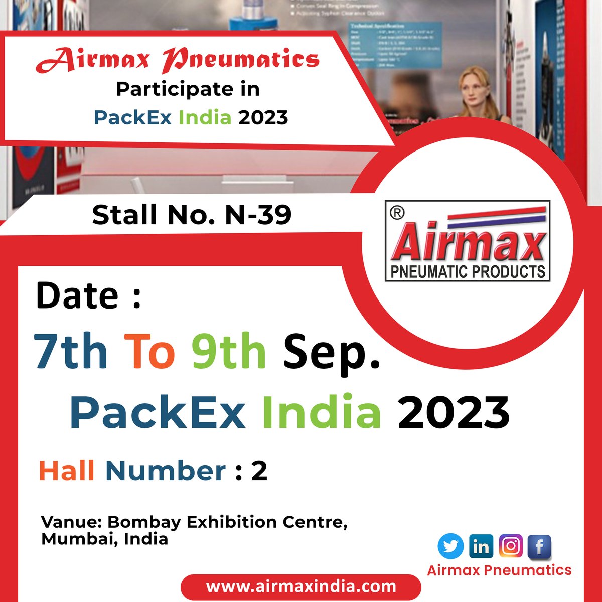Airmaxpneumatic's tweet image. Join us at PackEx India 2023 in Hall 2, Stall N-39, where innovation meets industry excellence! 🛠️ Mark your calendars for September 7th-9th at Bombay Exhibition Centre, Mumbai, India. See you there! 🇮🇳

#airmaxpneumatic #BombayExhibitionCentre #MumbaiEvents #IndustryInnovations