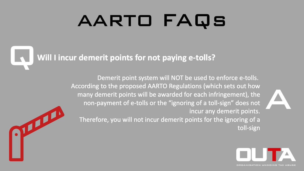 OUTASA's tweet photo. VERY NB question: will you incur #demerit points if you don't pay #etolls? #AARTOunpacked RT https://t.co/gcfvnMCrrx