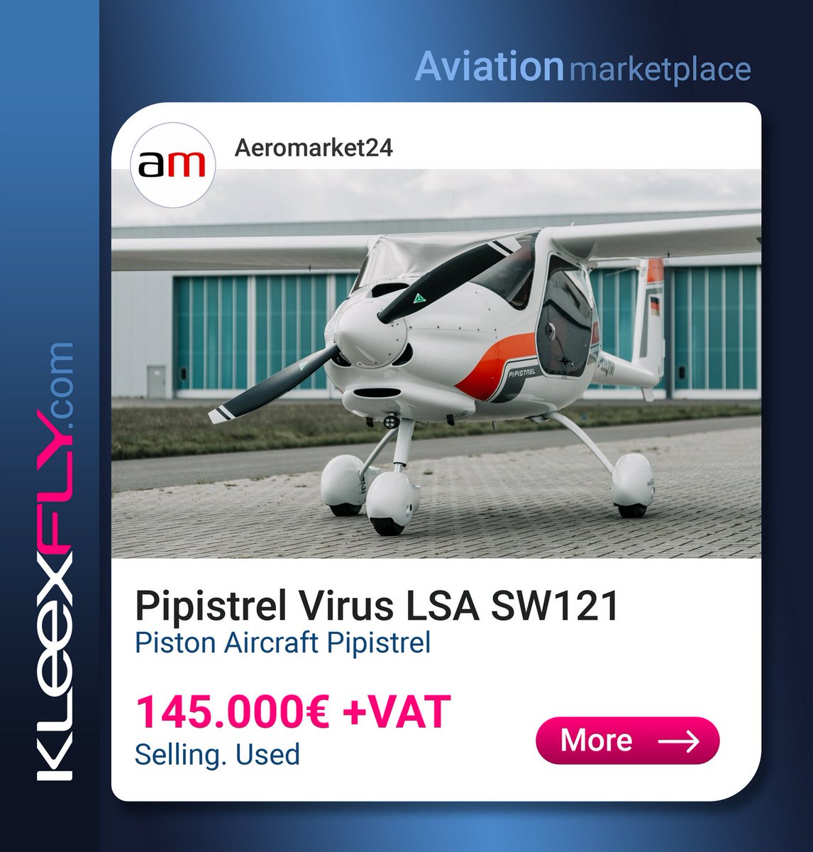 PIPISTREL VIRUS LSA SW121. For sale.
kleexfly.com/wp/ad/?ad_id=1…

#PIPISTREL #VIRUS #Aeromarket24 #Aircraft #Helicopters #Gliders #Schools #Jobs #Drones #Skydiving #Paragliding #Speedflying #Kiting