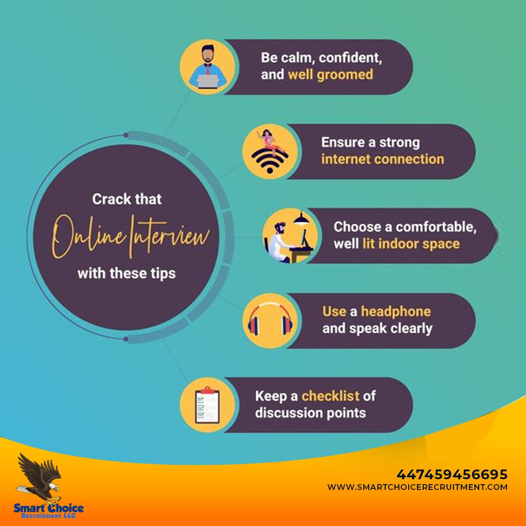 Are you prepared to make an impact in online interviews? Follow These Tips!
Contact us at +447459456695 or visit smartchoicerecruitment.com. 🌟

#recruitment2023 #jobinterviews #smartchoicerecruitment #UKRecruitment
#HiringUK #jobsearchuk2023 #UKJobs #recruitmentuk #ukhiring