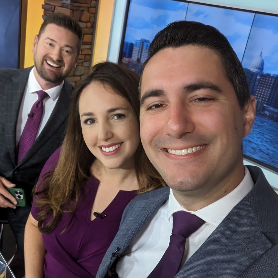 MaxTsaparis's tweet photo. Pretty in purple 💜 Happy Friday and welcome to September from the #WakeUpWI crew @RebeccaRibley @markchartertv https://t.co/vEwO9JPbfV
