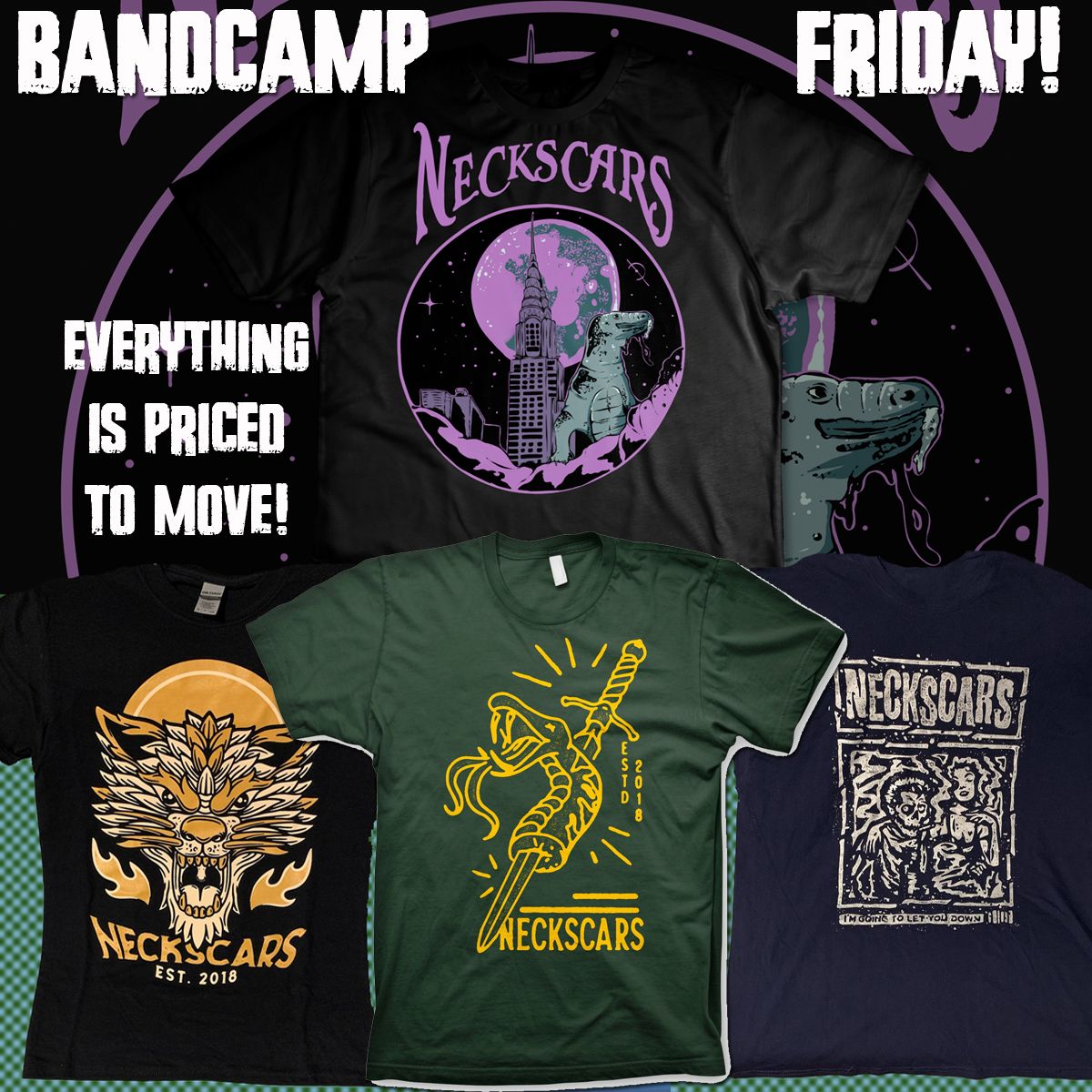 neckscars's tweet photo. #bandcampfriday merch sale is wild this month, we're practically giving this shit away! Let's Go Crazy!  https://t.co/DiLda2xuB4 https://t.co/yBWqsbMzfA