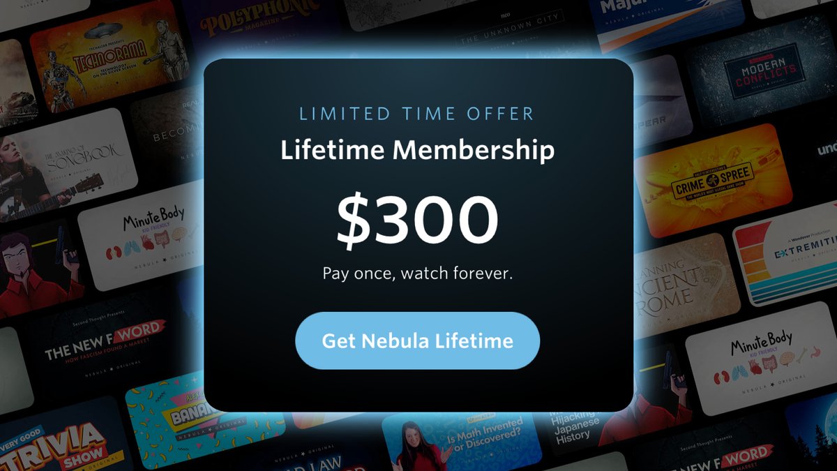 Last time we offered lifetime memberships they were a huge success so we're doing them again! These help us finance more ambitious Originals & platform improvements right away w/o having to wait or raise money from VCs. Available during September here: go.nebula.tv/lifetime?ref=t…