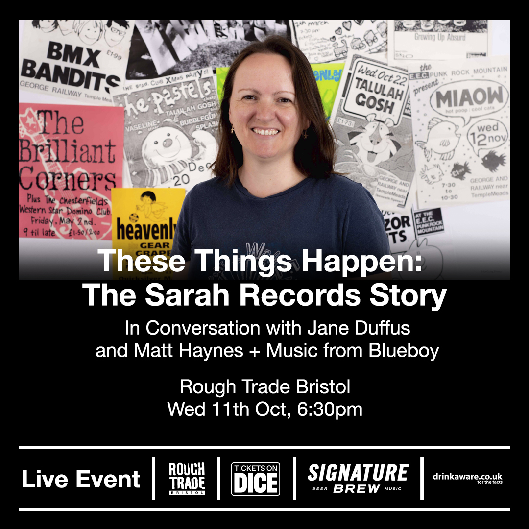 Bristol_Jane's tweet photo. I keep banging on about my #SarahRecords book which is being published in October. We're having a launch do at @RoughTrade in Bristol on Oct 11. I'll be in conversation with one of Sarah's co-founder's Matt... &amp; @officialblueboy will be playing live, ooh! https://t.co/RlQSPNIKz4 https://t.co/K18otAUl8j