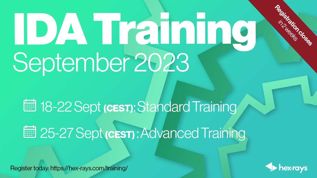 HexRaysSA's tweet photo. Get ready to go “Back to School” with our upcoming #IDATraining sessions 🎓 The Early Bird Rates are gone, but you still have the chance to register and sharpen your reverse engineering skills 🌐 https://t.co/8euENQRLPh

#idapro #IDA #BackToSchool https://t.co/EHwWzwKF7o