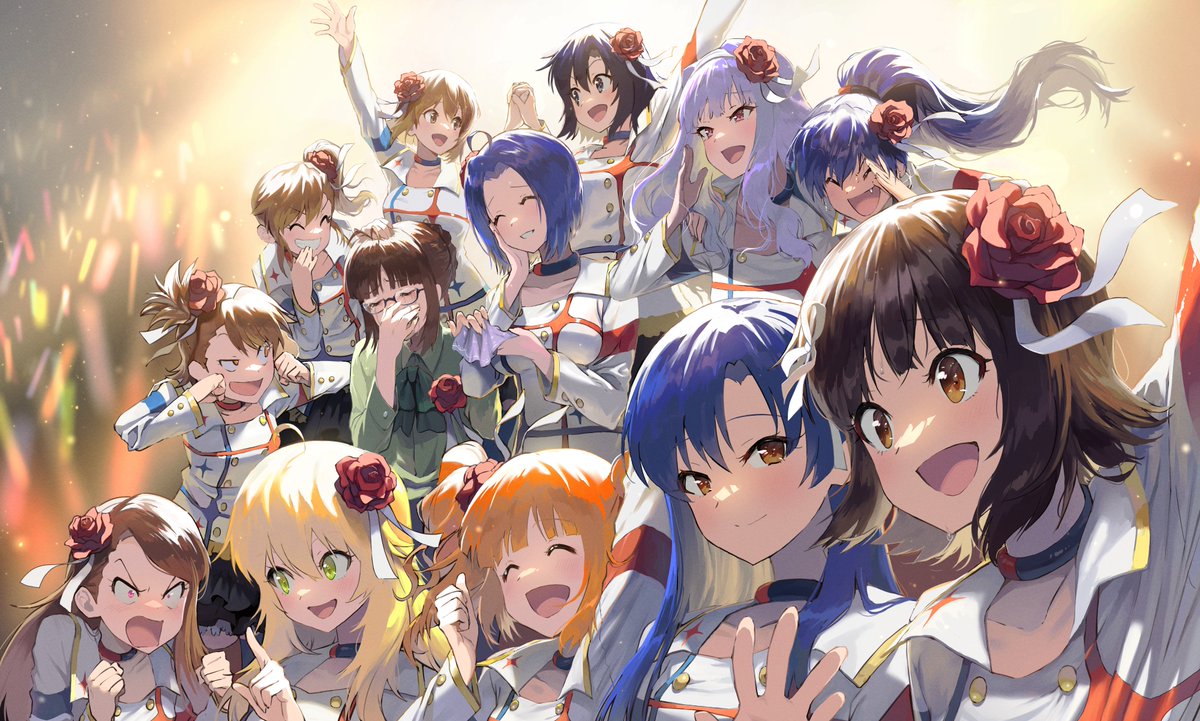 akizuki ritsuko ,amami haruka ,futami ami ,futami mami ,ganaha hibiki ,hagiwara yukiho ,hoshii miki ,kikuchi makoto ,kisaragi chihaya ,minase iori ,miura azusa ,shijou takane ,takatsuki yayoi multiple girls 6+girls blue hair blonde hair smile brown hair hair ornament  illustration images