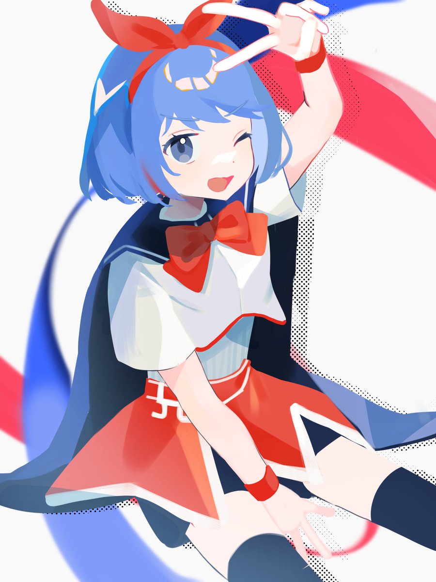 solo 1girl one eye closed skirt thighhighs blue hair smile  illustration images