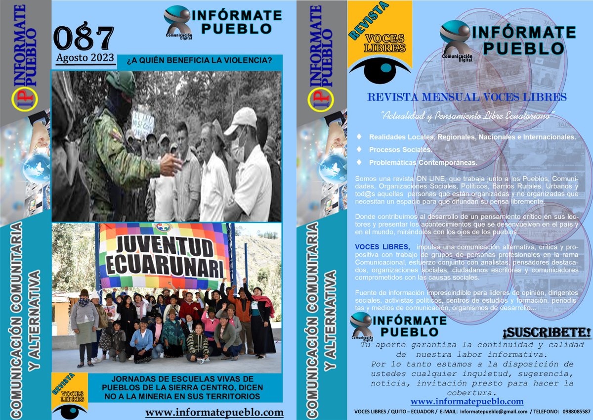 Revista VOCES LIBRES 087 edición, #ComunicaciónComunitaria y #ComunicaciónAlternativa,
#InformatePueblo
#InformatPueblo
#VocesLibresec
DESCARGUE LA REVISTA
calameo.com/read/006207672…
informatepueblo.com/p/revista-voce…
drive.google.com/file/d/11OLPge…

Contacto: informatepueblo@gmail.com 0988085587.