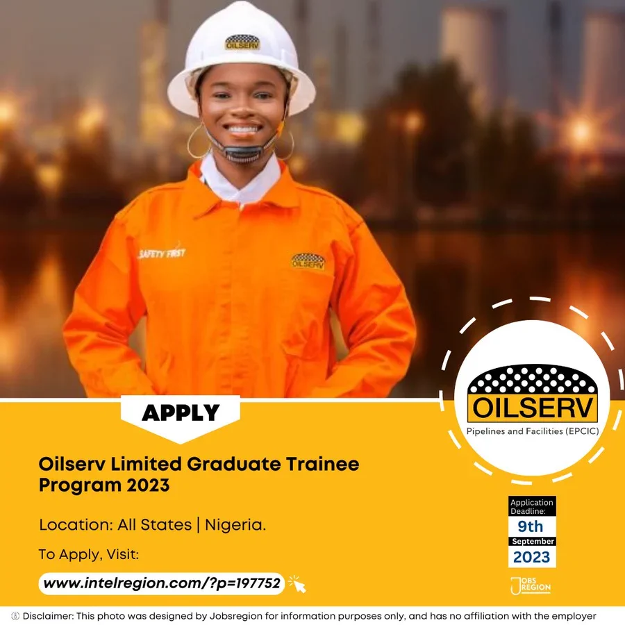 jobsregion's tweet photo. Oilserv Limited Graduate Trainee Program 2023 

Requirements: HND | Bachelor's Degree

Location: All States | Nigeria

Deadline: September 9, 2023

APPLY⤵️
https://t.co/ph56HV5zvZ https://t.co/zRWvzd4gY5