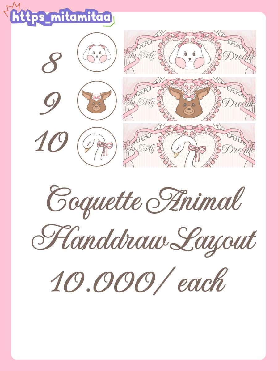 https_mitamitaa's tweet image. Help rt, thank you 💖
Halo semua! Mitaa bawa layout handdraw ready stock rs nih! Tema animal coquette 🪞🩰 Bisa di take sekarang jugaa!
Price: 10k
Avail replace text ✅️
Yang berminat bisa langsung dm/wa mitaa yaa! Preview ada dibawah. Thank you 🤩🙌
#zonauang