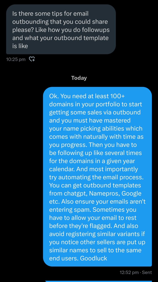 nameclad's tweet photo. The reply I sent to a fellow investor friend on outbound tips. #domainivesting #domainnames #domains
https://t.co/DrxUzD6Kn5 https://t.co/hgiRxH7RvI