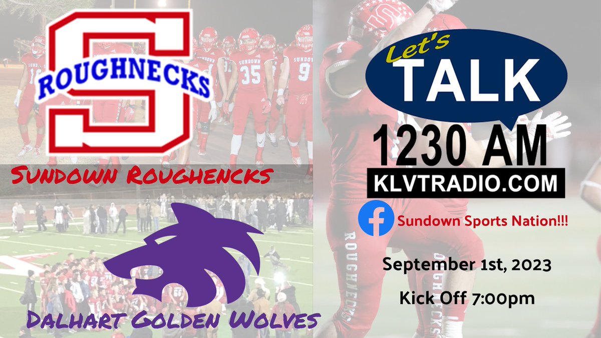 KLVTSports's tweet photo. #RoughneckFootball LIVE TONIGHT on https://t.co/SDIDNneBN2 and on Sundown Sports Nation on Facebook! Sundown (1-0) @ Dalhart (1-0)!  Pregame 6:45pm! #KLVTSports #GettinRough @SundownISD @pchristy11 @LoneStarVarsity https://t.co/CDE7tNWhuP