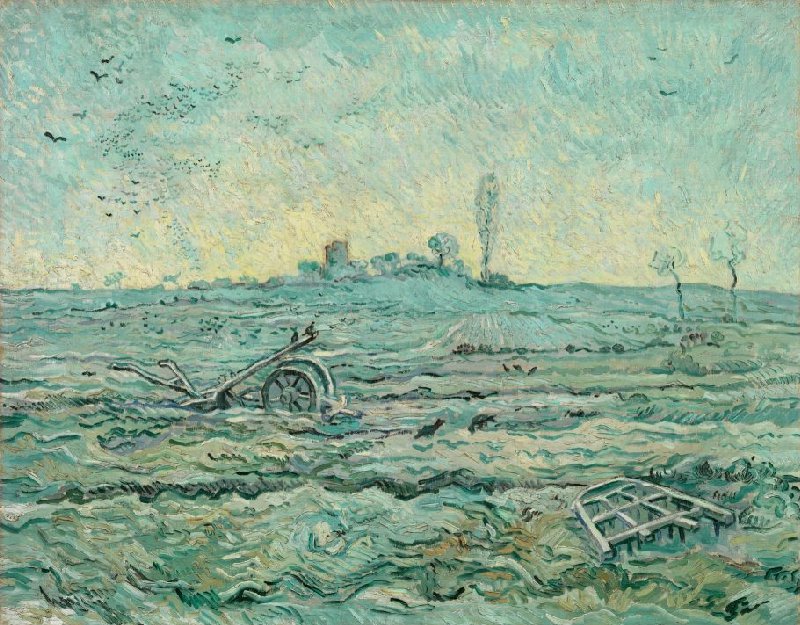 Vincent wrote 📝 ‘It’s a study I need, for I want to learn. … Heaps of people don’t copy. Heaps of others do copy – for me, I set myself to it by chance, and I find that it teaches and above all sometimes consoles’. (1889) 

Snow-Covered Field with a Harrow (after Millet)