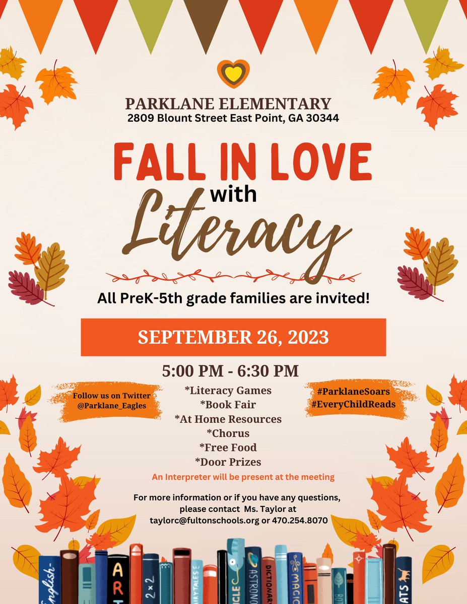 DrSmileyIsLit's tweet photo. Save the date!! @Parklane_Eagles will host our annual Literacy Night!! You don’t want to miss this fun-filled night of literacy! #EveryChildReads #ParklaneSoars #FCSZone2 @Brandi_Nichols_ @DrTamaraCandis @teachcarters2 @KCWilliamsFCS https://t.co/ItPMtWaef6