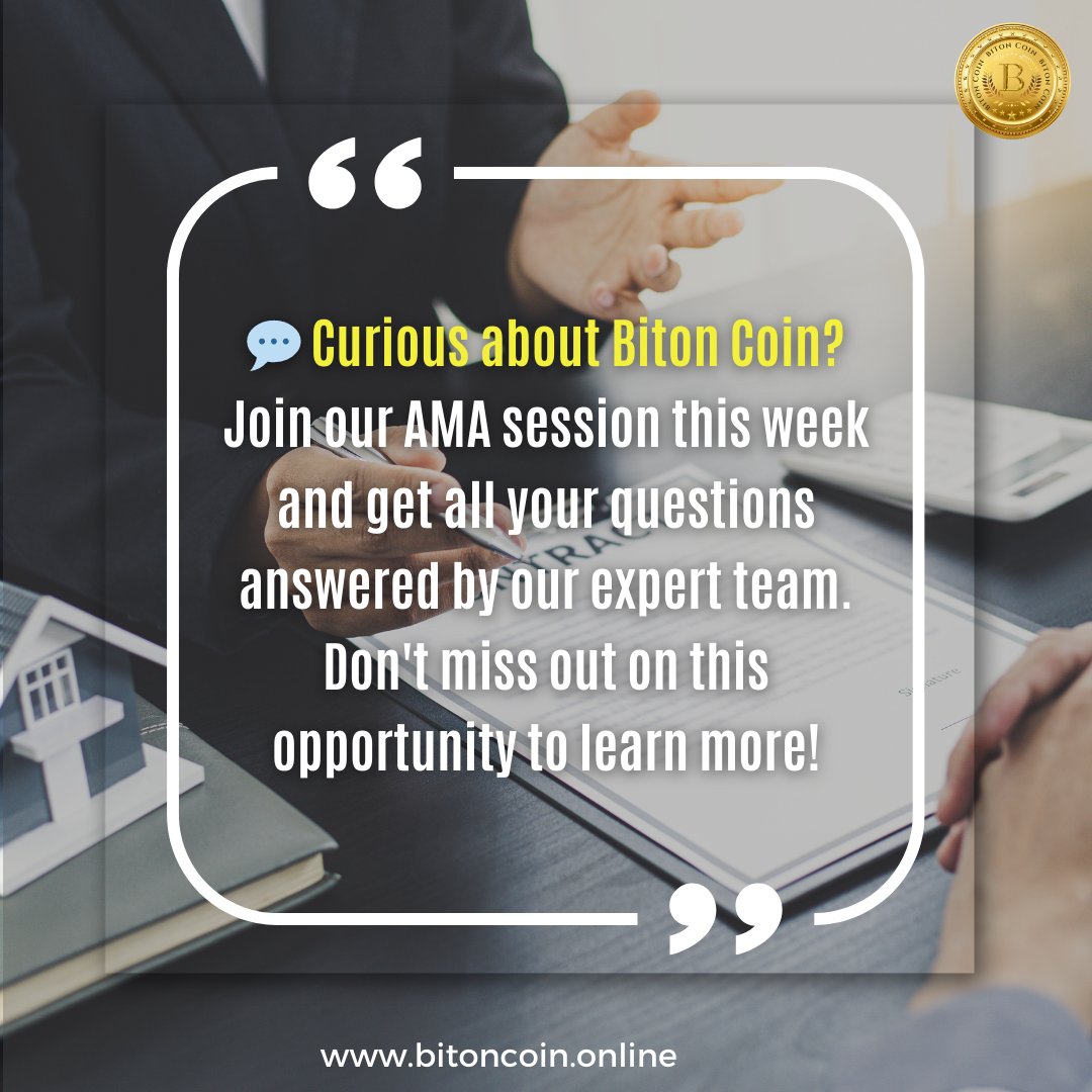 BitonCoins's tweet photo. 💬 Curious about Biton Coin? Join our AMA session this week and get all your questions answered by our expert team. Don't miss out on this opportunity to learn more! https://t.co/UYhtmUWjM9