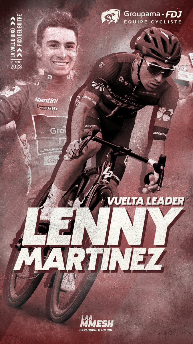 laammesh's tweet photo. #LaVuelta23 #LesRP #GFDJ 

Il n'y croyait pas.
Deuxième de la 6e étape de la Vuelta, Lenny Martinez endosse le maillot rouge de leader. Une première pour lui sur un grand tour. 
Bravo à toi !! 

Pour marquer l'exploit, j'en ai fait un fond d'écran: https://t.co/cxPA3QCgiZ