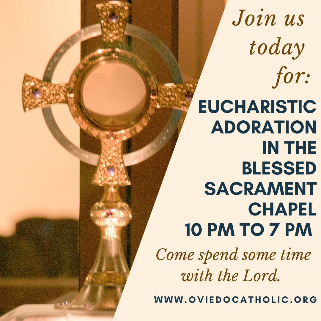 Eucharistic Adoration today from 10 AM until 7 PM in our Blessed Sacrament Chapel. Individuals and families are encouraged to come and spend time before the Lord in the Holy Eucharist.

#FacetimewithJesus #OviedoCatholic Read more: oviedocatholic.org/eucharistic-ad…