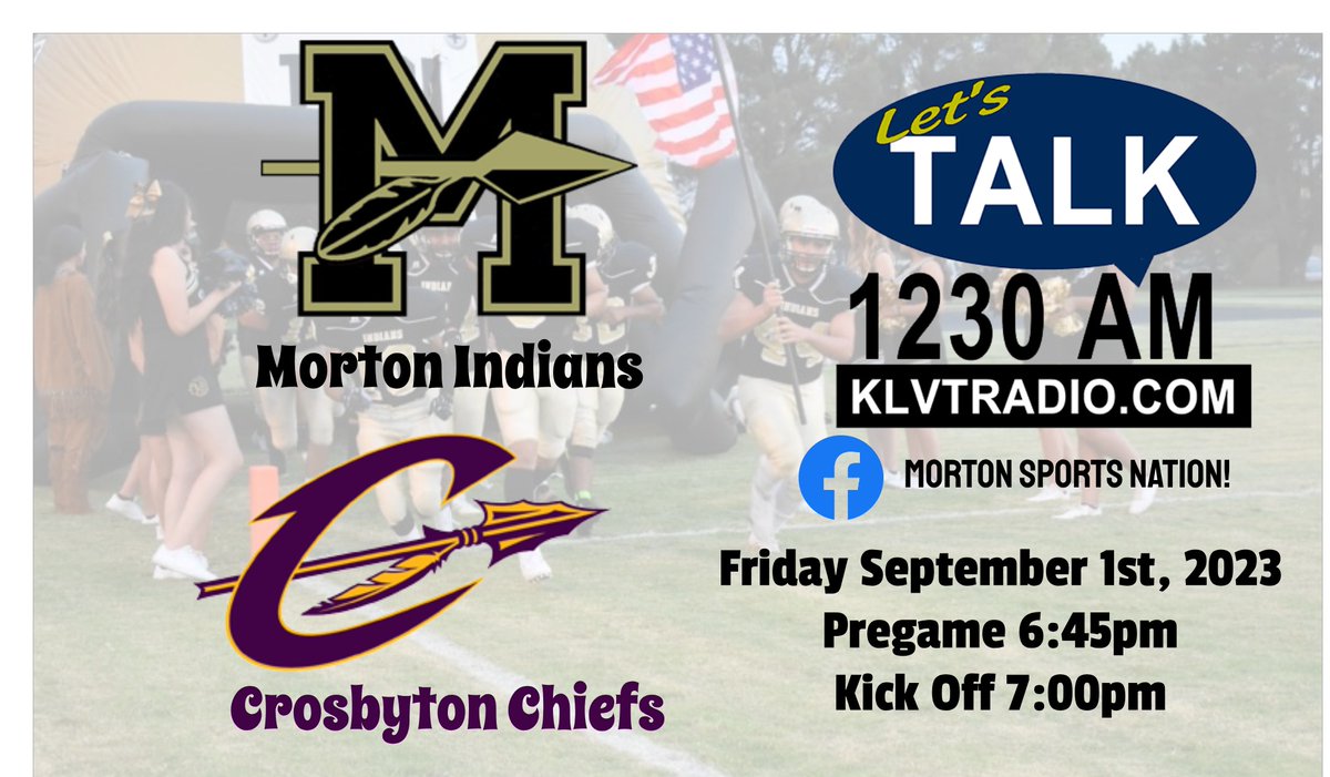 KLVTSports's tweet photo. #IndiansFootball LIVE TONIGHT on https://t.co/SDIDNneBN2 and on Morton Sports Nation on Facebook!  Morton (1-0) @ Crosbyton (0-1)!  Pregame 6:45pm! #KLVTSports #GoTribe @morton_schools @pchristy11 @LoneStarVarsity https://t.co/DtYTUUfWwj