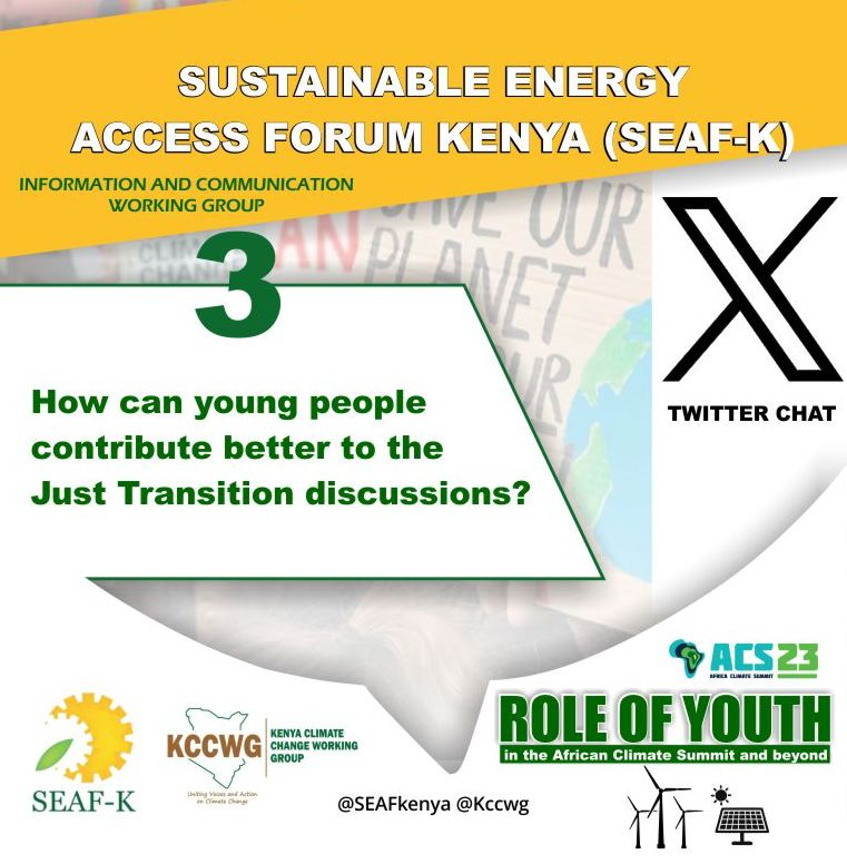 Sustainable Energy Access Association of Kenya (@seaakenya) on Twitter photo How can young people contribute better to the Just Transition discussions? #ClimateActionNow #ACS2023 #ACS23 #AYCA #JustTransition23 <a href="/WWF_Kenya/">WWF-Kenya</a> <a href="/BandaRoberts/">KellyRoberts Banda LLB</a> <a href="/hannipher/">Hannifa</a> @DannyGona <a href="/omenyi_brian/">Omenyi Brian</a> How can young people contribute better to the Just Transition discussions? #ClimateActionNow #ACS2023 #ACS23 #AYCA #JustTransition23 <a href="/WWF_Kenya/">WWF-Kenya</a> <a href="/BandaRoberts/">KellyRoberts Banda LLB</a> <a href="/hannipher/">Hannifa</a> @DannyGona <a href="/omenyi_brian/">Omenyi Brian</a>