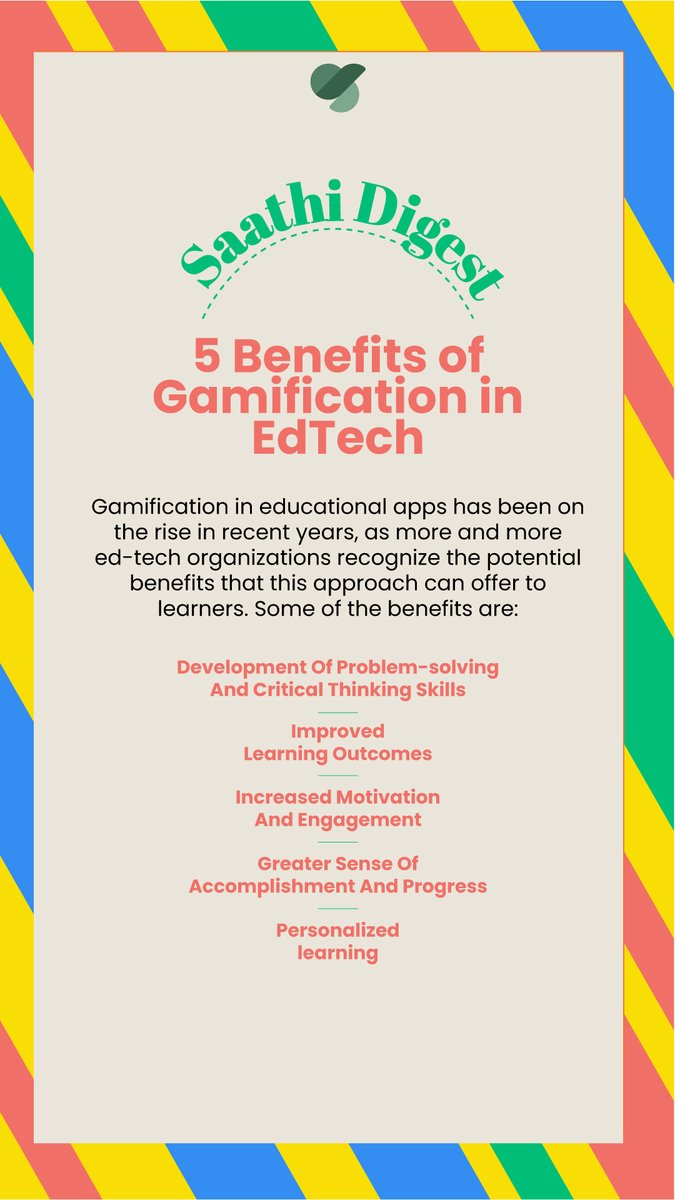 To know in detail, the 5 Benefits of Gamification in Edtech, click the link in the comment

#ClassSaathi #TagHive #SaathiDigest #EdtechGamification #EdtechApps #SolveProblem #CriticalThinking #LearningOutcome #Motivation #Engagement #Accomplishment #Progress #PersonalisedLearning