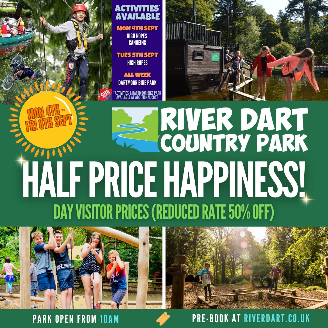 📣 50% OFF DAY ADMISSION Monday 4th Sept - Friday 8th Sept 2023 🎉 PRE-BOOK ➡️ LINK IN BIO #outdooractivities #highropes #canoeing #camping #caravan #motorhome #staycation #visitdevon #visitdartmoor #visitsouthdevon #devon #dartmoor #riverdartcountrypark #dartmoorbikepark