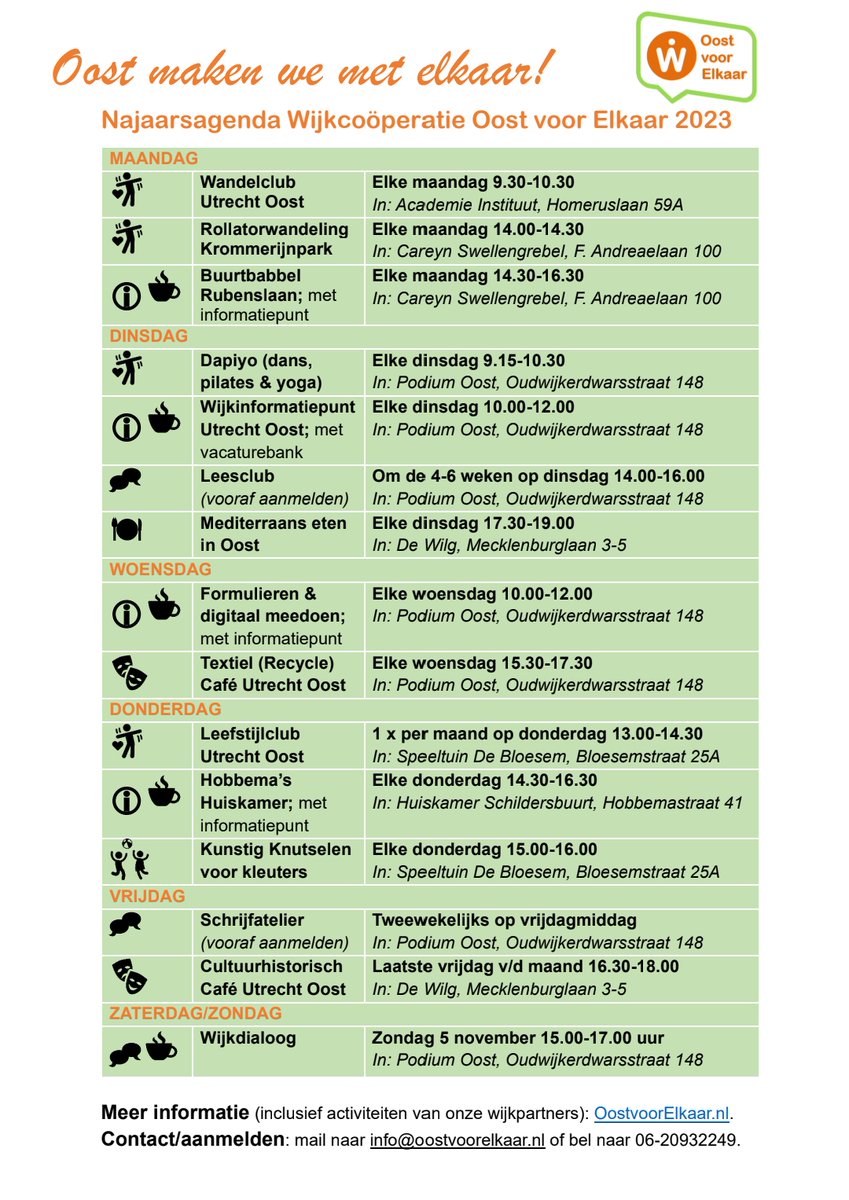 Hieronder staat de najaarsagenda van de Wijkcoöperatie Oost voor Elkaar. Met 15 activiteiten voor en door wijkbewoners. Deze en nog veel meer activiteiten (inclusief meer informatie) zijn ook te vinden op ons digitaal wijkplatform oostvoorelkaar.nl: oostvoorelkaar.nl/activiteiten?v…