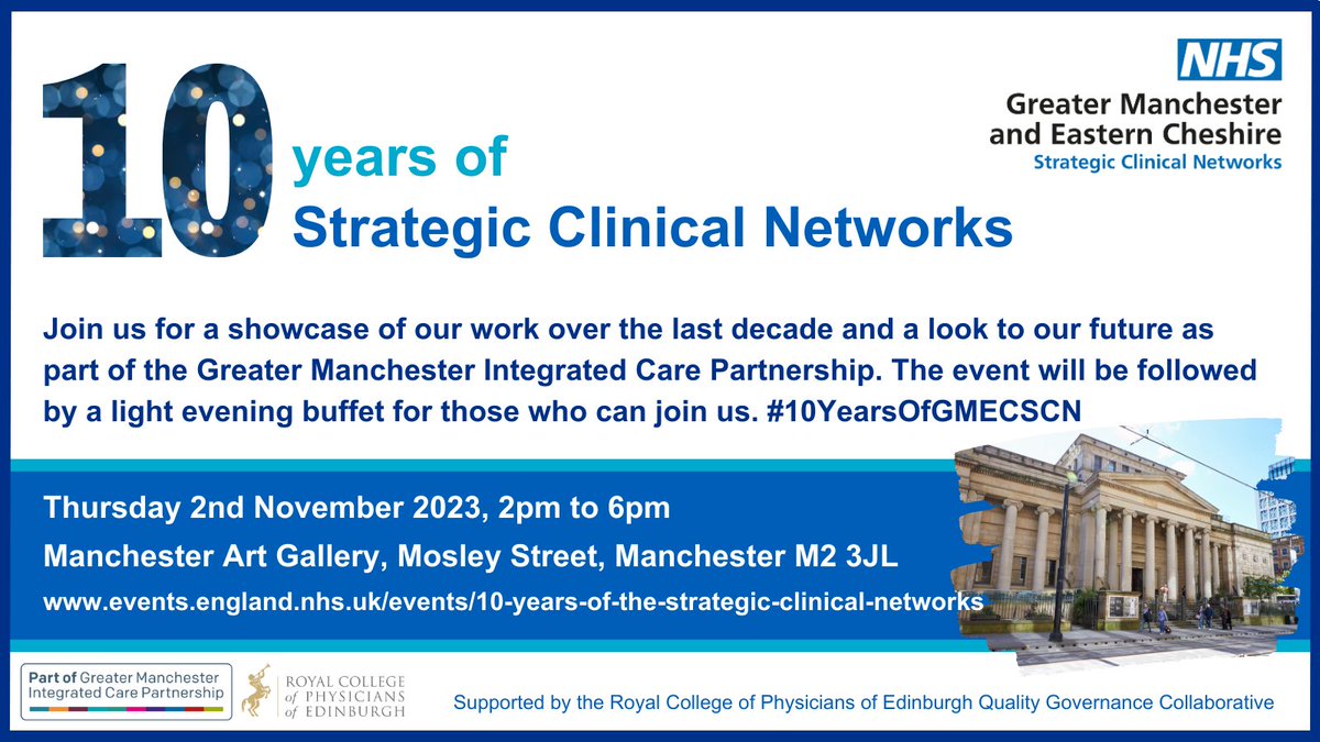 For our 10year anniversary, our clinicians, care professionals and Network members are invited to join us for a special event to look back at our achievements and to our future within @GM_ICP. Spaces are limited so please book asap: events.england.nhs.uk/events/10-year… #10YearsOfGMECSCN