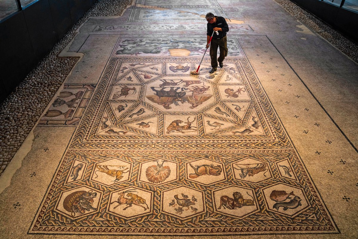 A museum worker cleans the spectacular Lod mosaic prior to the opening of the purpose-built Lod Mosaic Archaeological Centre in 2022. The Roman mosaic covering an area of 1,900 sq ft was first discovered in the central city of Lod in 1996 though the Israel Antiquities Authority…