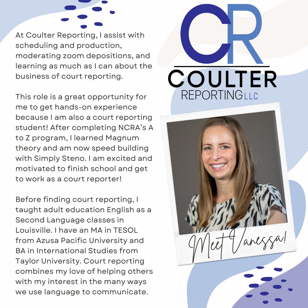 CourtReportLou's tweet photo. Welcome Vanessa! “This role is a great opportunity for me to get hands-on experience because I am also a court reporting student!” #courtreporter #courtreportingstudent https://t.co/CxWyYuM2u2