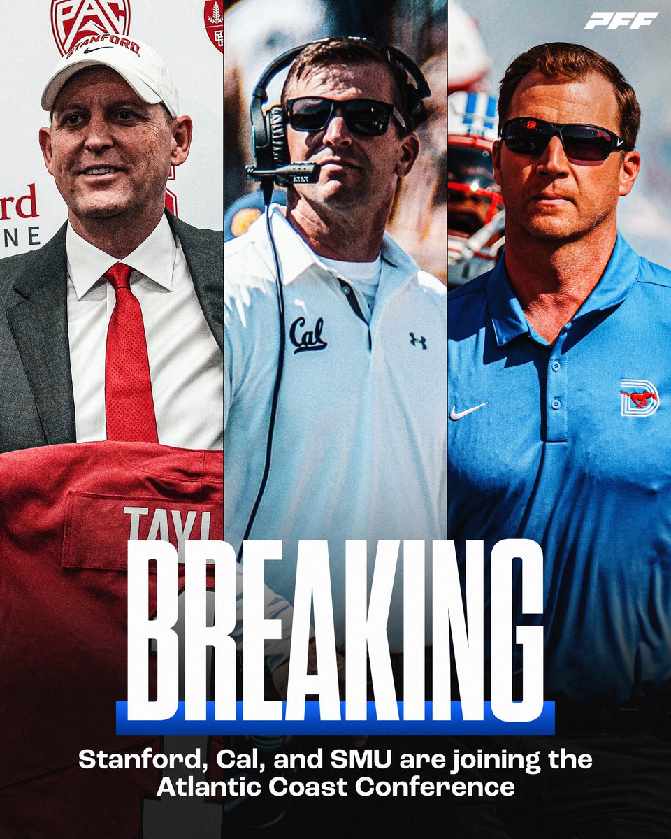 BREAKING: The ACC will add Stanford, Cal, and SMU to the conference in 2024, per <a href="/PeteThamel/">Pete Thamel</a>