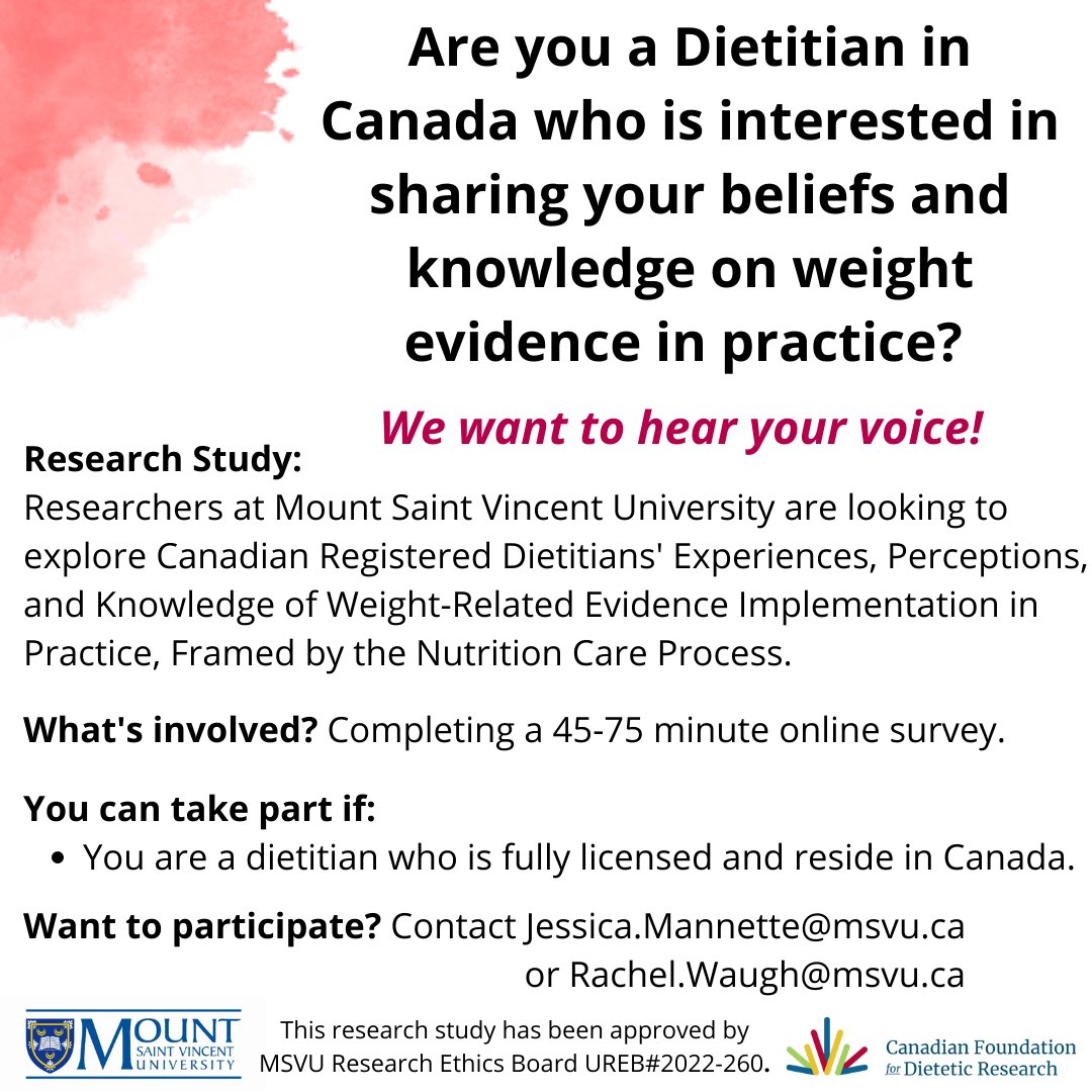 Deadline extended!
📣 Calling all Dietitians in Canada 📣
We are recruiting for our online questionnaire on weight-related evidence in practice. All practice areas are welcome to participate in this research study. We want your voice heard!
✍ Link here: lnkd.in/ewiZRaaF