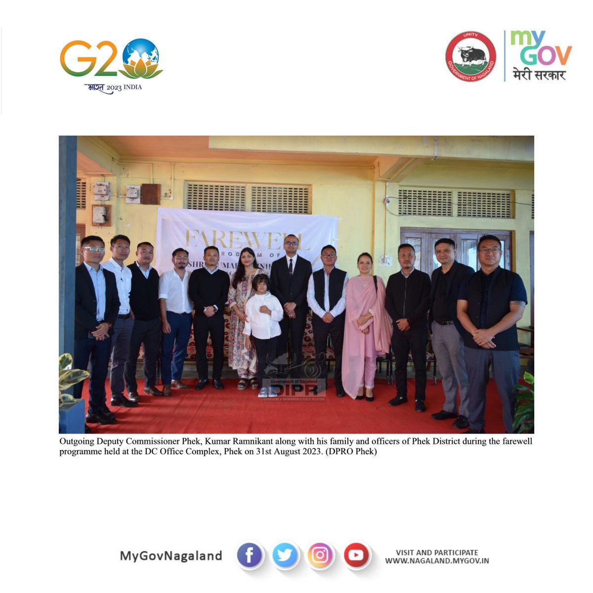 MyGovNagaland's tweet photo. A farewell program in honor of the outgoing Deputy Commissioner of Phek, Kumar Ramnikant, IAS, was held at the DC Office Complex in Phek on August 31, 2023.
@Phek_DC
@dipr_nagaland https://t.co/j1tT96vJfA