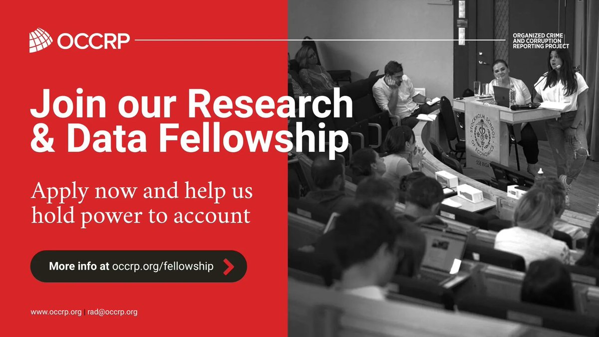 NEW!! <a href="/OCCRP/">Organized Crime and Corruption Reporting Project</a> is seeking applications for its new 8-week hybrid Research &amp; Data Fellowship!

They're looking for 6-8 fellows who are excited to learn about OSINT, research, &amp; data.

Applications will be reviewed on a rolling basis till Sept. 29. buff.ly/44sR9v2
