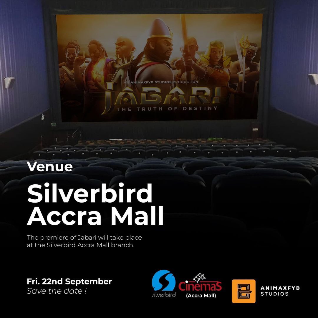 Drumroll 🥳🥁🥁🥁

Animaxfyb Studios is set to premiere Jabari on the 22nd of September 2023
Venue : Silverbird Ghana at the Accra Mall Limited branch !!!!

We can’t wait to see you there ! 🎥🍿🎟️ 
Save the date! @animaxfyb 

The registration link will be available soon.