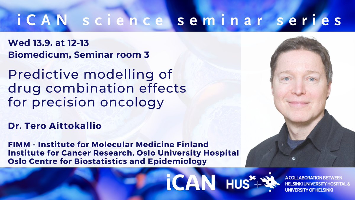 Happy September 🍂

We have brilliant news: it is soon time for Dr. Tero Aittokallio's talk in the iCAN Science Seminar.
Join us at Biomedicum or online!

For more information, go to 
ican.fi/ican-science-s…

<a href="/BiomedicumH/">@biomedicum_helsinki</a> <a href="/SuomenAkatemia/">Suomen Akatemia | Research Council of Finland</a> <a href="/HUS_fi/">HUS Helsingin yliopistollinen sairaala</a> <a href="/HiLIFE_helsinki/">HiLIFE_Helsinki</a> <a href="/HelsinkiUniMed/">Medicine and Health, University of Helsinki</a>