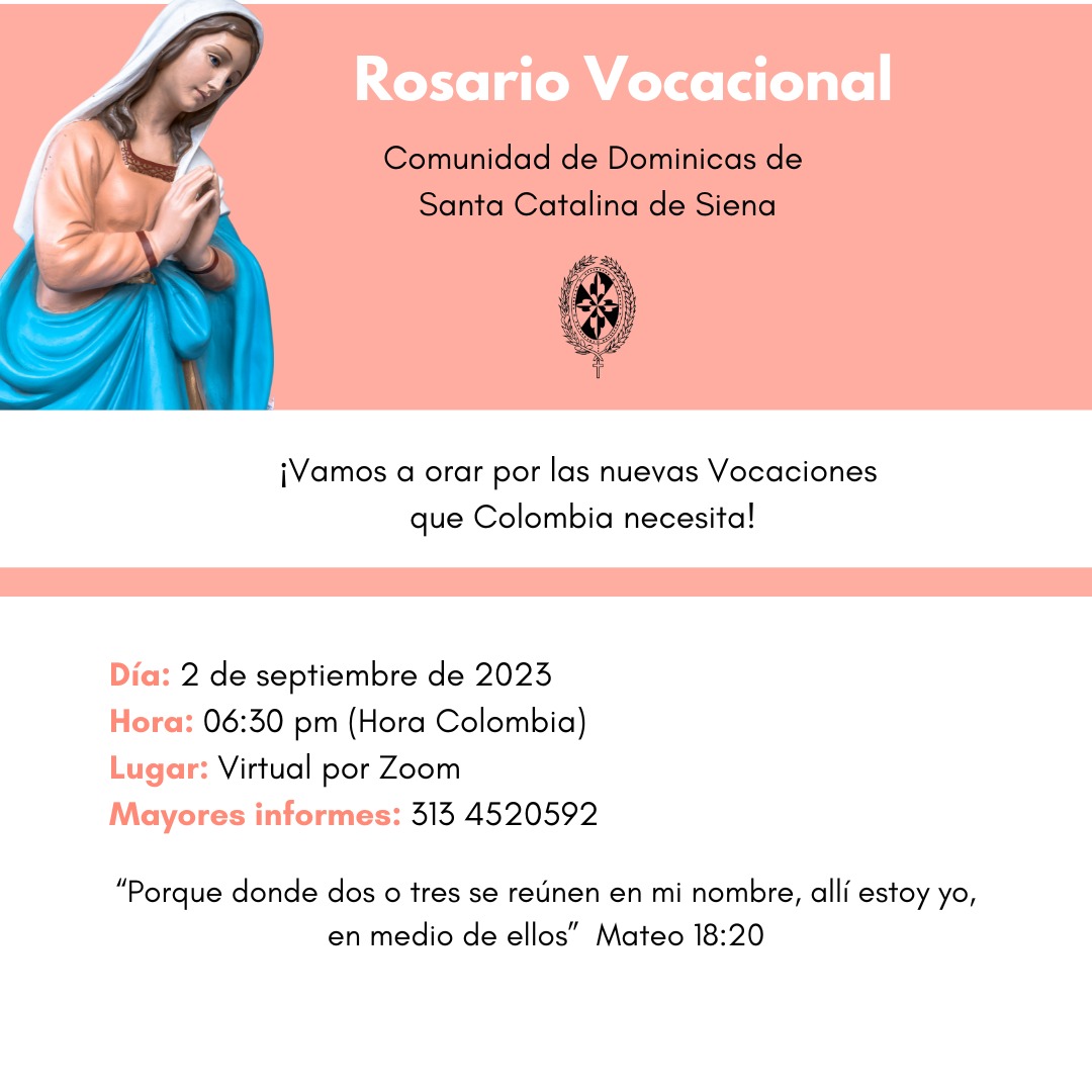 VocacionesDSC's tweet photo. Te invitamos este Sábado 2 de septiembre de 2023 a nuestro Rosario Vocacional 🙏🏻📿 a las 06:30 pm

Recuerda que te puedes unir al siguiente link de Zoom:

https://t.co/0VtKvUCrjW

ID de reunión: 819 1858 0351
Código de acceso: 726722

Te esperamos! https://t.co/yGqc64ZH3u