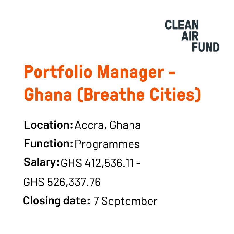 CleanAirFund's tweet photo. Join our team and support Breathe Cities - an innovative, global initiative to help cities reduce #AirPollution
π Communications Manager | Deadline: 7 Sept
π Portfolio Manager - Ghana | Deadline extended: 7 Sept
π Portfolio Manager - South Africa | Deadline extended: 14 Sept