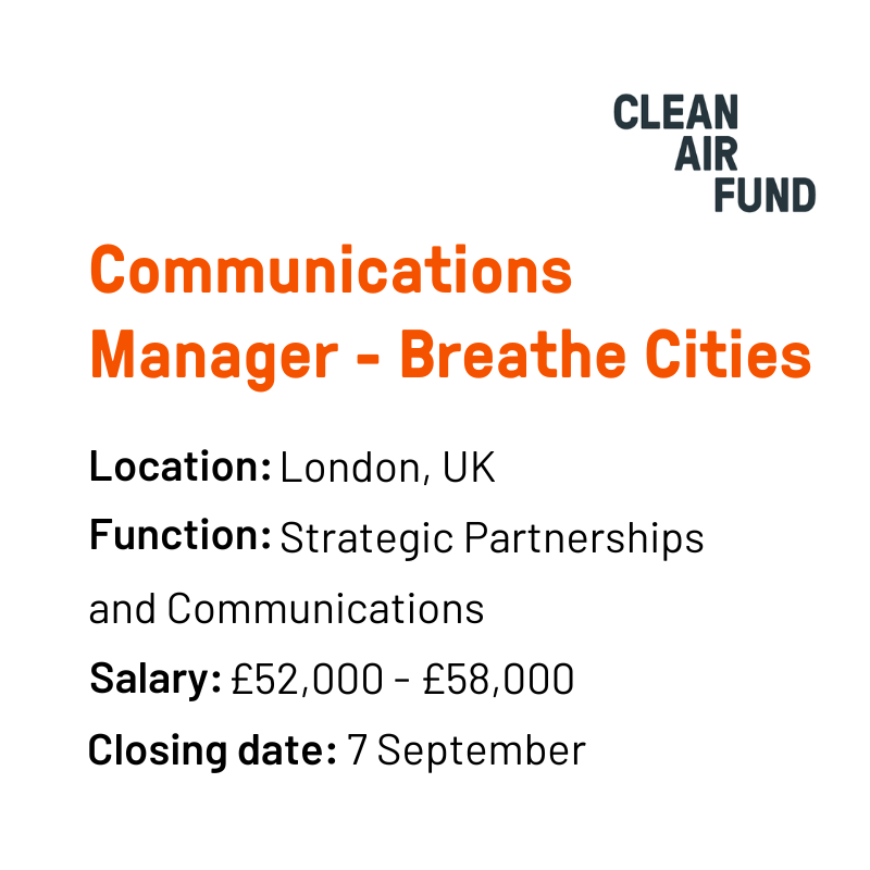 CleanAirFund's tweet photo. Join our team and support Breathe Cities - an innovative, global initiative to help cities reduce #AirPollution
π Communications Manager | Deadline: 7 Sept
π Portfolio Manager - Ghana | Deadline extended: 7 Sept
π Portfolio Manager - South Africa | Deadline extended: 14 Sept