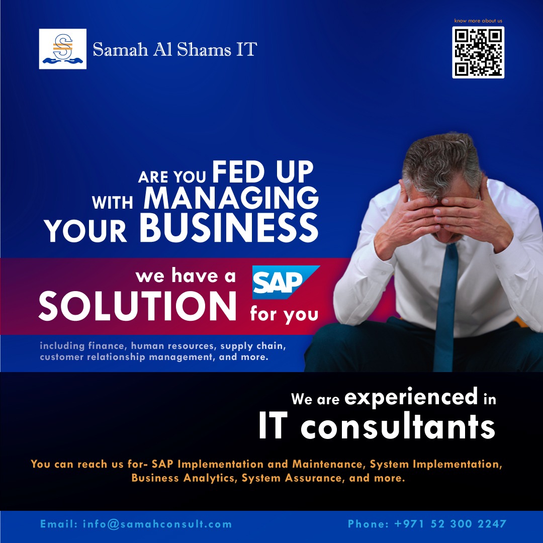 Get SAP Implementation Service that helps to manage the business by experienced IT Consultants. Visit: samahconsult.com Or call: +971 52 3002247 #sapservices #sapimplementationservices #sapconsulting #sapimplementationandsupport #sapmaintenanceservices #samahAlshamsIT