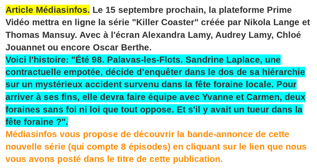 Mediasinfos's tweet image. Le 15 septembre prochain, la plateforme #PrimeVidéo mettra en ligne la série #KillerCoaster avec les deux soeurs @Alexandra_Lamy et @AudreyLamy. Découvrez les premiéres images. youtube.com/watch?v=RopLAD…