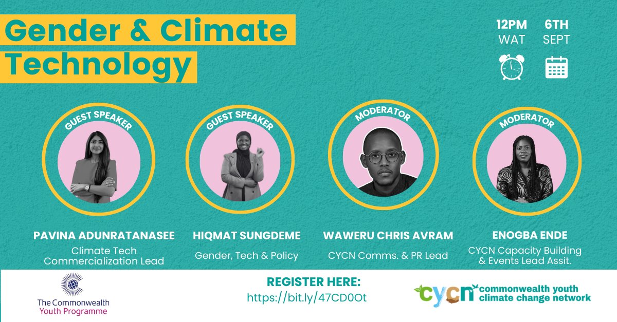 Honoured to be a speaker at the upcoming @cycn09 webinar. Join me as I delve into the vital topic of 'Gender & Climate Technology.' 
📅 Date: September 6, 2023
🕒 Time: 12PM WAT
🔗 Register: bit.ly/47CD0Ot
#ClimateActionNow #Tech4ClimateAction #WomenVoices