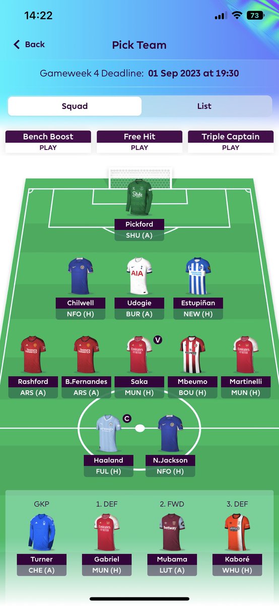 danijorgens79's tweet photo. @Hakon42 This is my team. Think I will do Martinelli -> Maddison, but not sure on the other one. Would you do another midfield transfer (Rashford -> Sterling), take Gabriel out (City or New) or save the other transfer? https://t.co/QiWlLBzOIL
