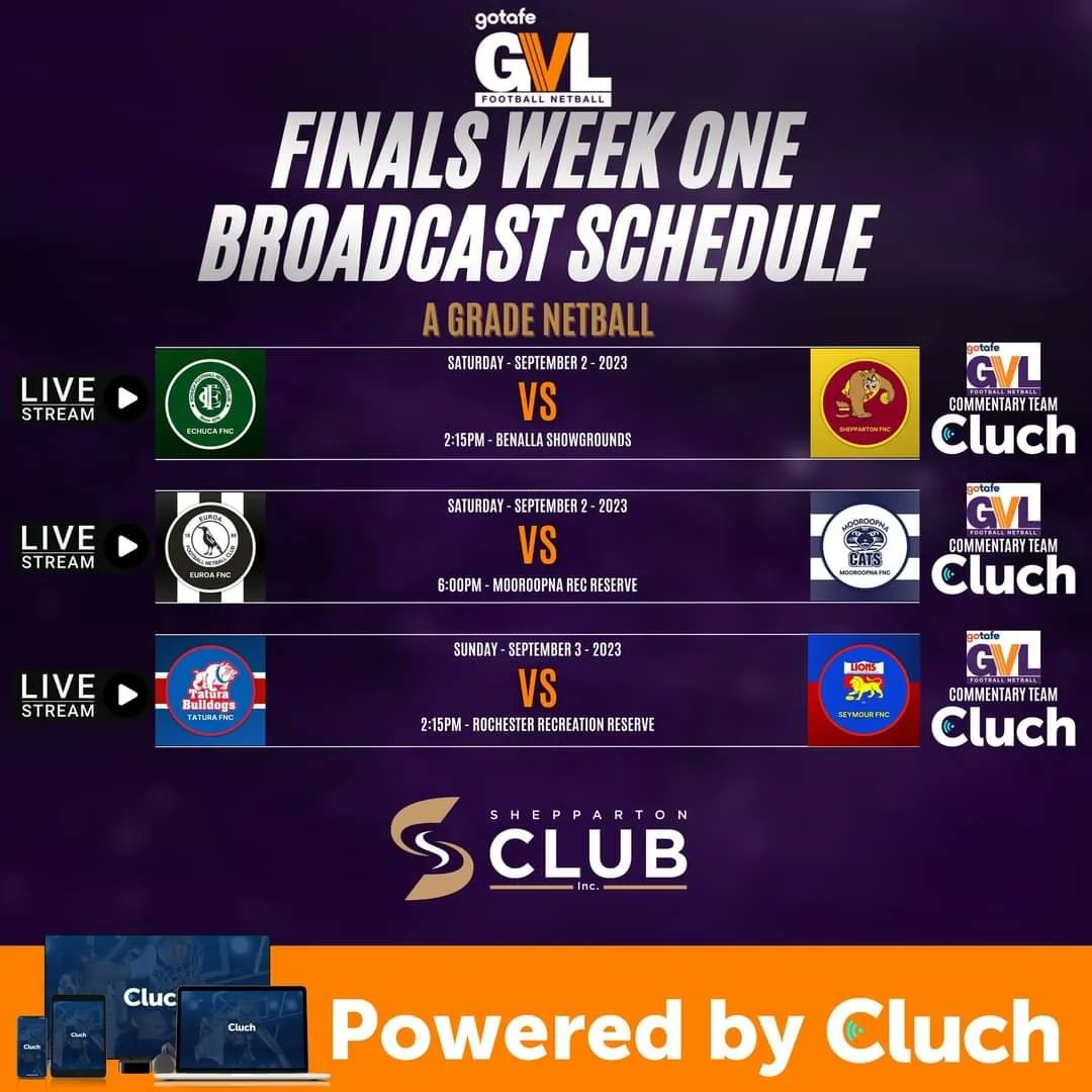 GVLeague's tweet photo. Week 1 Finals in the @gotafe GVL.
Broadcast Schedule 👇
Thanks to Shepp Club!
@CluchTV @OneFMShepparton https://t.co/qui9w0bNKk