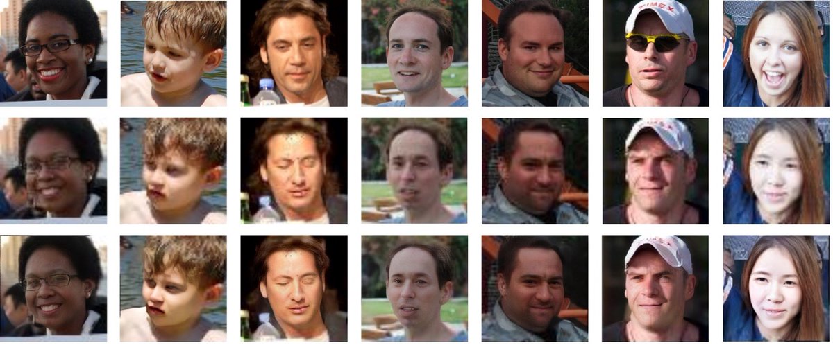 Here's an example to our Facediffusion network. The top images are the original, 256x256 resolution images, the middle ones are 64x64 resolution generated images using our diffusion model, and the bottom images are the super resolution, 256x256, anonymized images.
