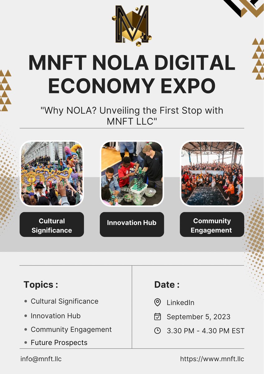 Exciting News! Join us on September 5th, 2023, from 3:30 pm to 4:30 pm EST for an exclusive event on LinkedIn: "Why NOLA? Unveiling the First Stop with MNFT LLC"! 

🔍 What to Expect:
- Cultural Significance: Why NOLA's rich cultural tapestry makes it the perfect launchpad.
-